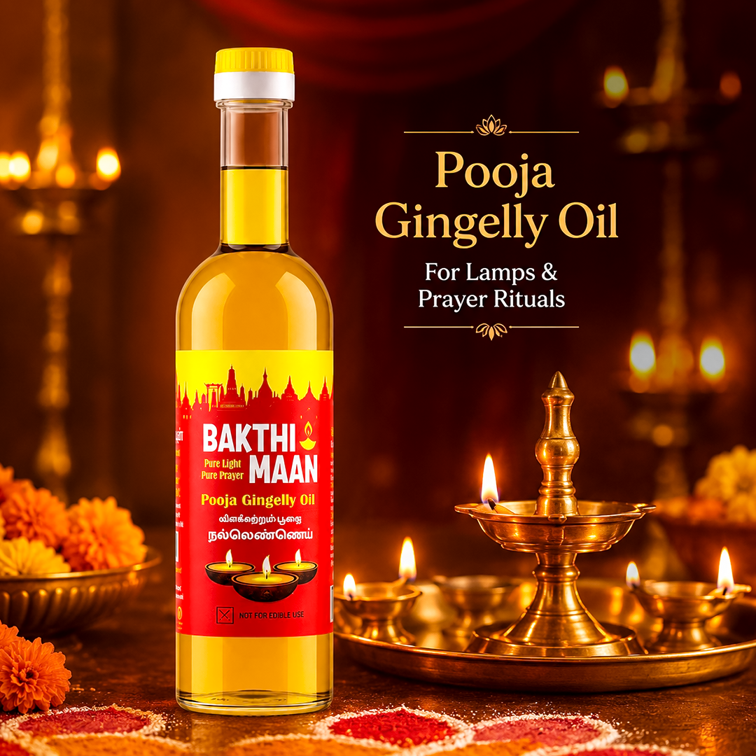 GOLD COIN Bakthi Maan 1 litre gingelly oil displayed during Karthigai Deepam with rows of lit festival lamps