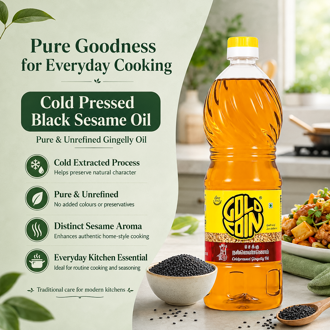 Cold Pressed Sesame Oil 1 Litre ideal for South Indian cooking, tempering, and traditional recipes – rich aroma authentic taste