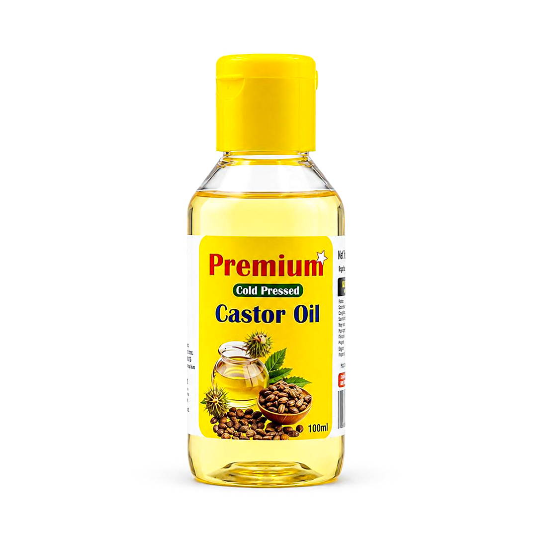 Premium Cold Pressed Castor Oil 100ml bottle — pure, travel size, ISO certified