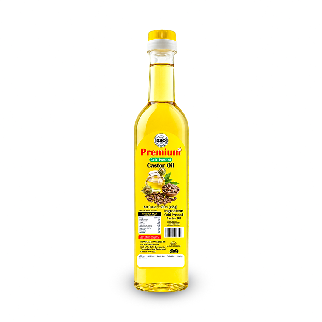 Premium Cold Pressed Castor Oil 500ml bottle — pure, natural, ISO certified
