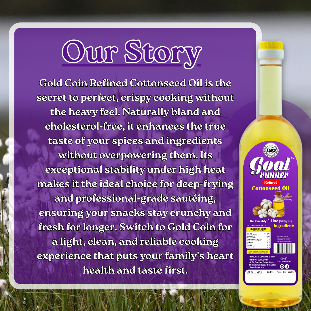 Premium quality refined cotton seed oil by GOLD COIN with high smoke point for all cooking styles
