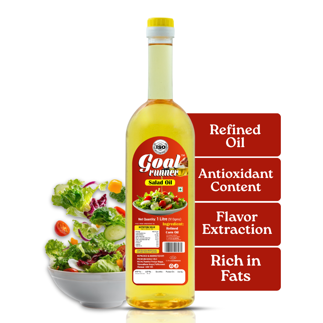 GOLD COIN cooking oil poured over a fresh garden salad in a glass bowl