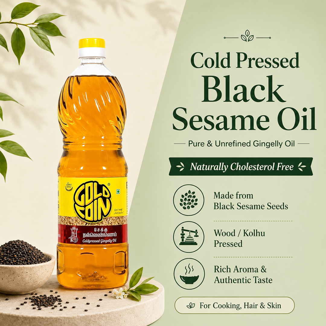 Wood Pressed Kachi Ghani Black Sesame Oil made from pure black sesame seeds – unrefined organic edible cooking oil