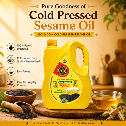 GOLD COIN sesame oil used for South Indian cooking, Ayurvedic oil pulling, and scalp hair massage