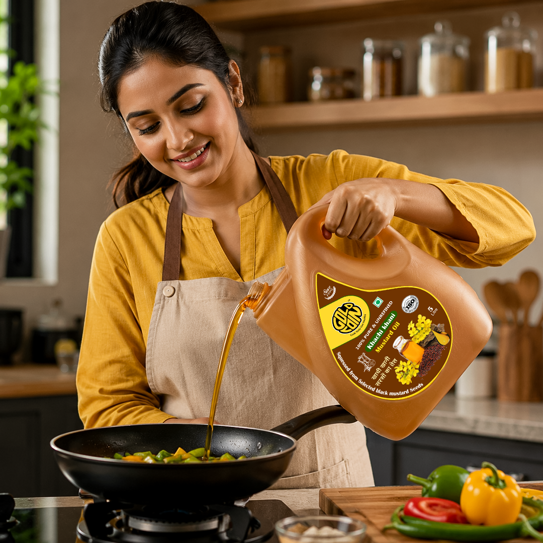 Indian family cooking healthy meals daily using GOLD COIN Kacchi Ghani Mustard Oil 5 Litre
