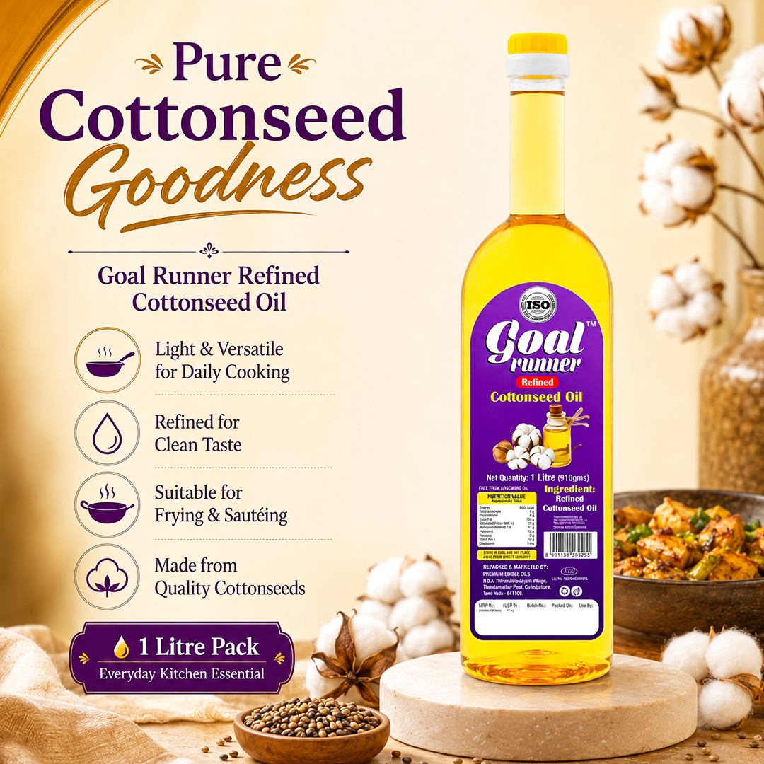 GOLD COIN Goal Runner refined cottonseed oil – everyday goodness for practical Indian home cooking 1L