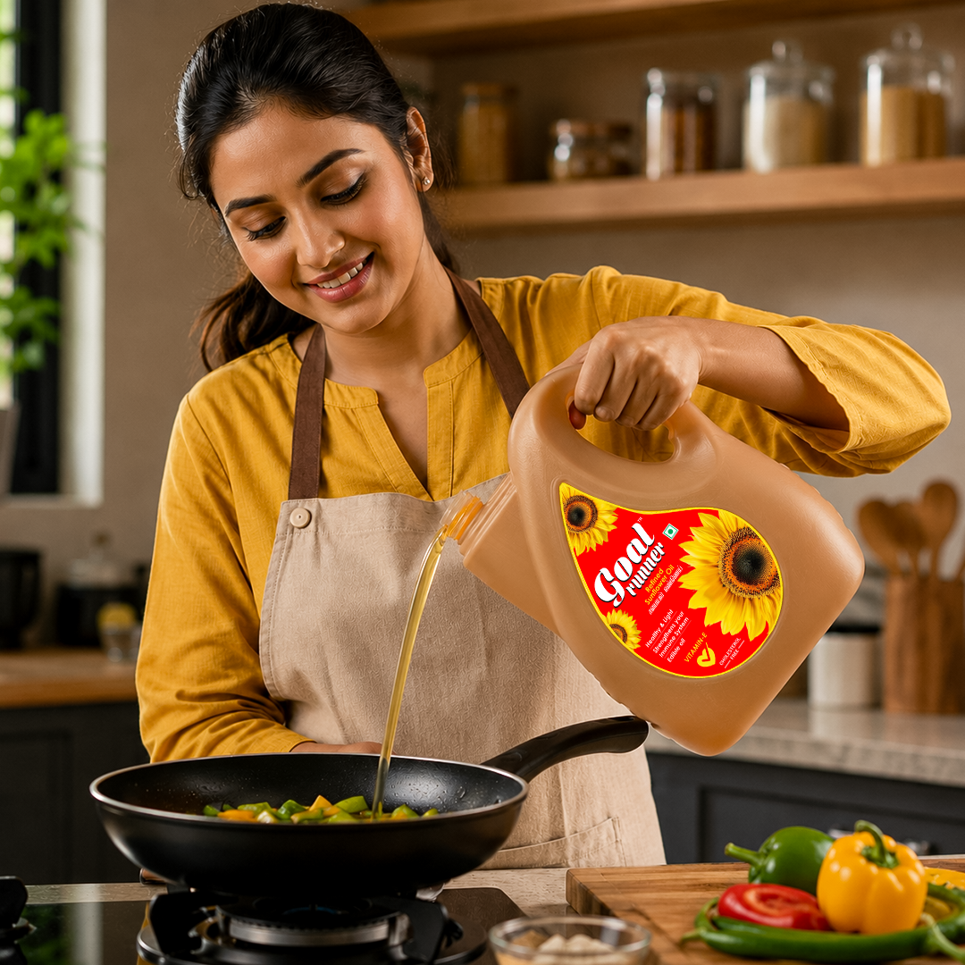 GOLD COIN Happy Indian family cooking with Goal Runner refined sunflower oil – daily healthy meals