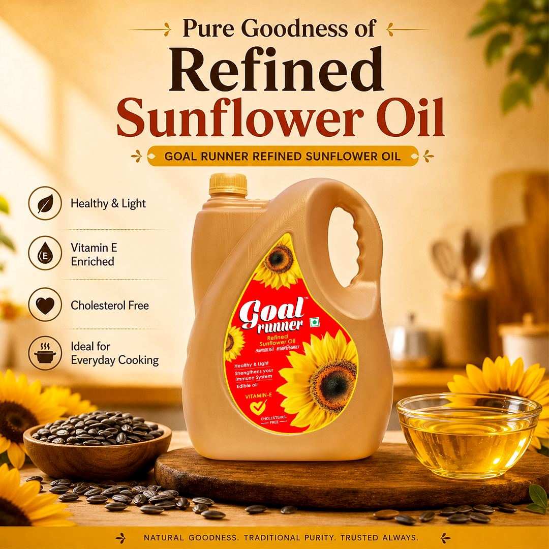 GOLD COIN Goal Runner sunflower oil used for deep frying, tadka, and everyday Indian cooking