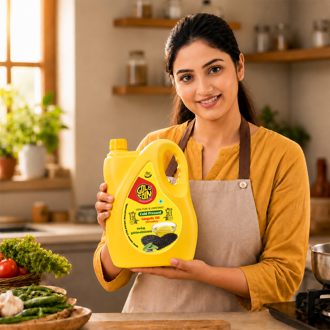 GOLD COIN 5L sesame oil — FSSAI certified, zero additives, unrefined, chemical-free with golden colour
