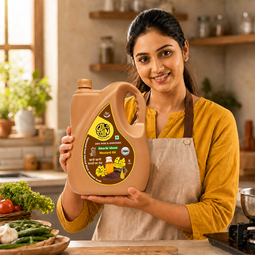 Traditional wood kolhu Kacchi Ghani extraction — chemical-free, unrefined, pure mustard oil process