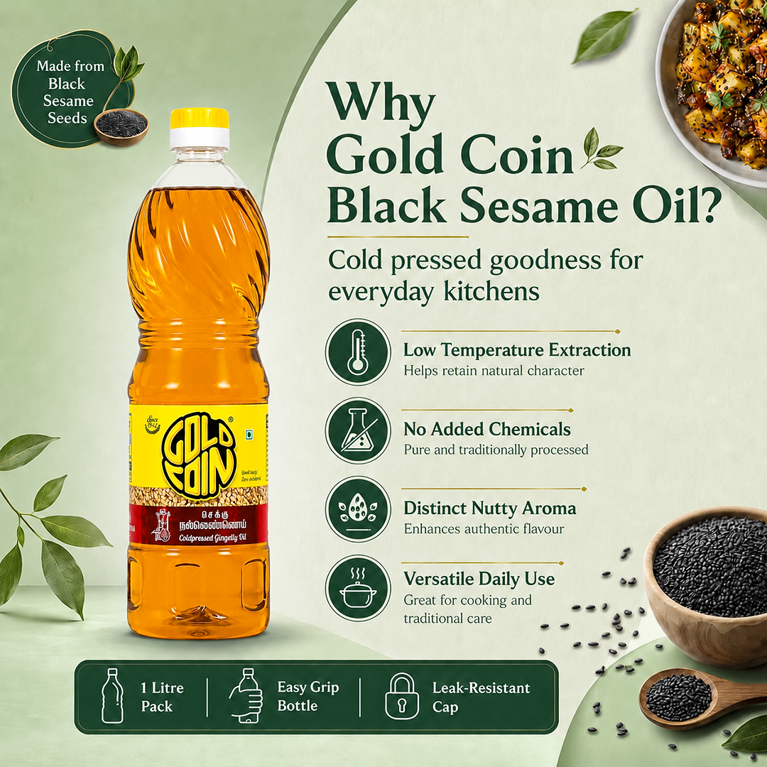 Gold Coin Gingelly Oil used for Ayurvedic hair care, skin nourishment, and deep tissue massage – pure unrefined sesame oil