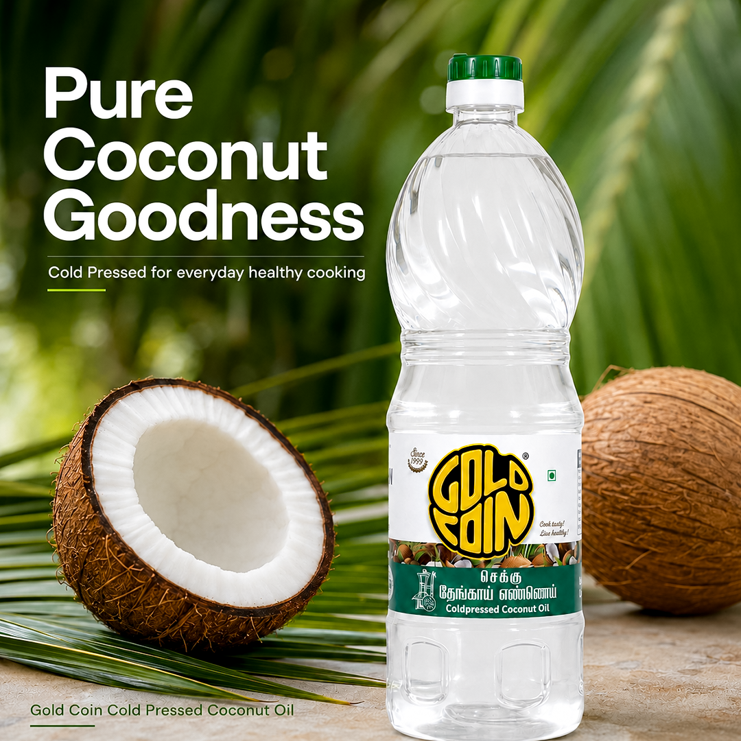 Nutritional facts of Gold Coin A1 grade cold pressed coconut oil — 900 Kcal per 100g, 0% trans fat, cholesterol free, rich in MCTs and lauric acid
