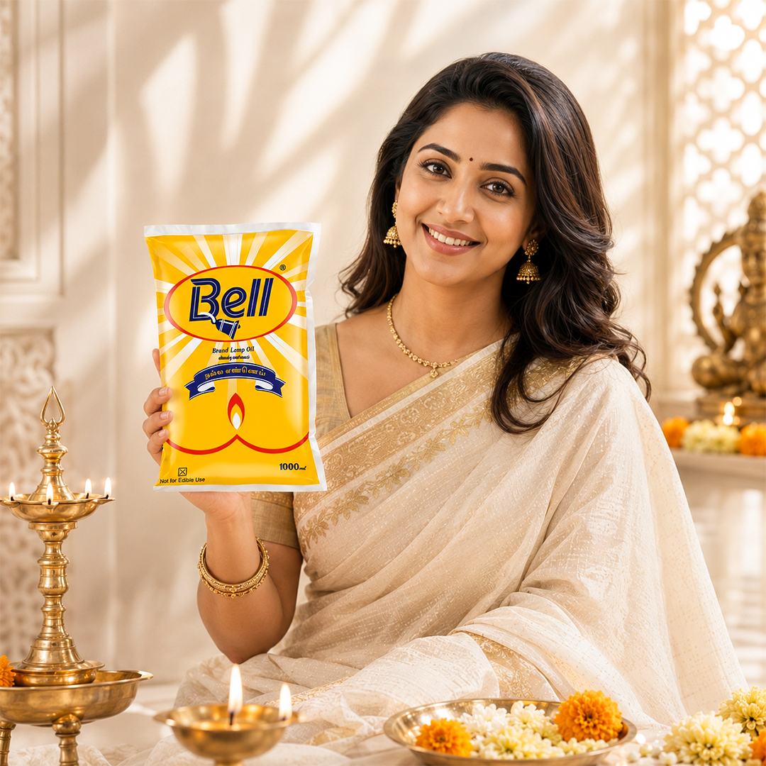 GOLD COIN Deepam oil pouch 1000ml — Bell vilakku ennai for brass lamp, temple, and festival use buy online