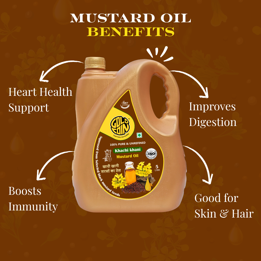 Cholesterol Free Cold Pressed Mustard Oil rich in Omega-3 and Vitamin E for healthy cooking