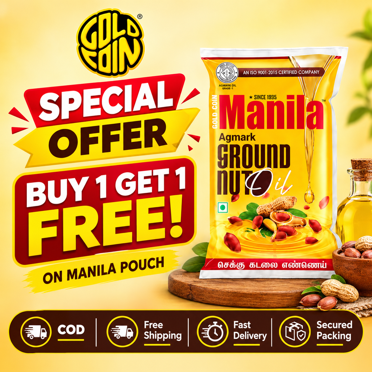 GOLD COIN Agmark Kachi Ghani Cold Pressed Groundnut Oil 900ml | Pure Peanut Oil | Mungfali Tel