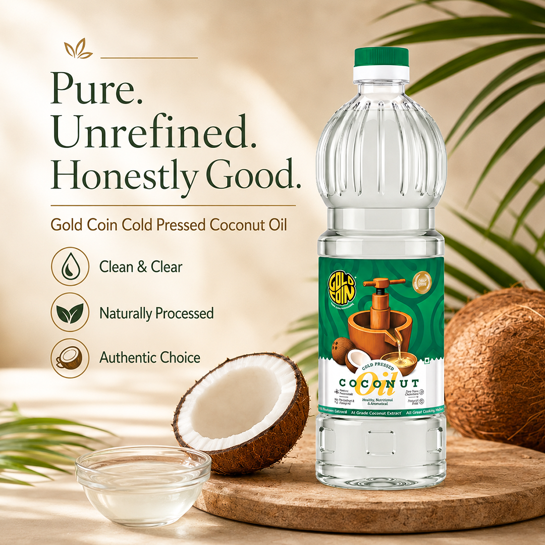 Traditional wood pressed Chekku Kacchi Ghani cold extraction method for pure unrefined coconut oil