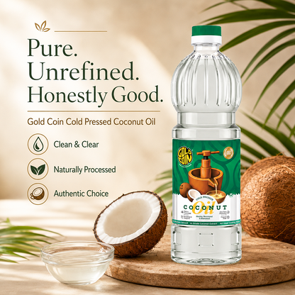 Traditional wood pressed Chekku Kacchi Ghani cold extraction method for pure unrefined coconut oil
