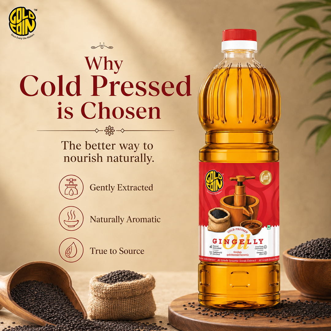 Gold Coin cold pressed gingelly oil rich in Vitamin E, MUFA, sesamin — cholesterol free heart healthy cooking oil 1L