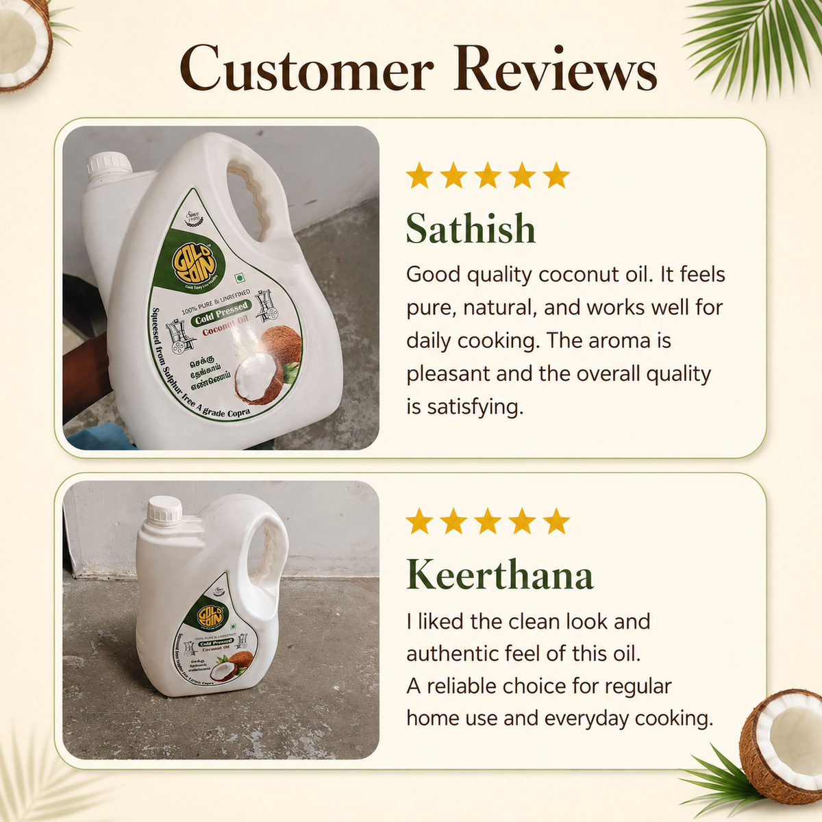 Gold Coin coconut oil made from sulphur-free A-grade copra cold pressed without chemicals shop now