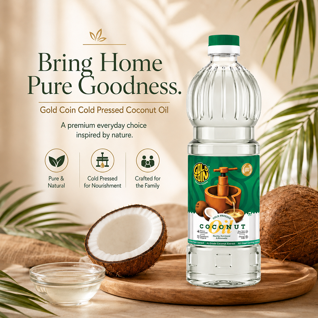 GOLD COIN coconut oil used for daily cooking, hair nourishment and natural skin moisturising