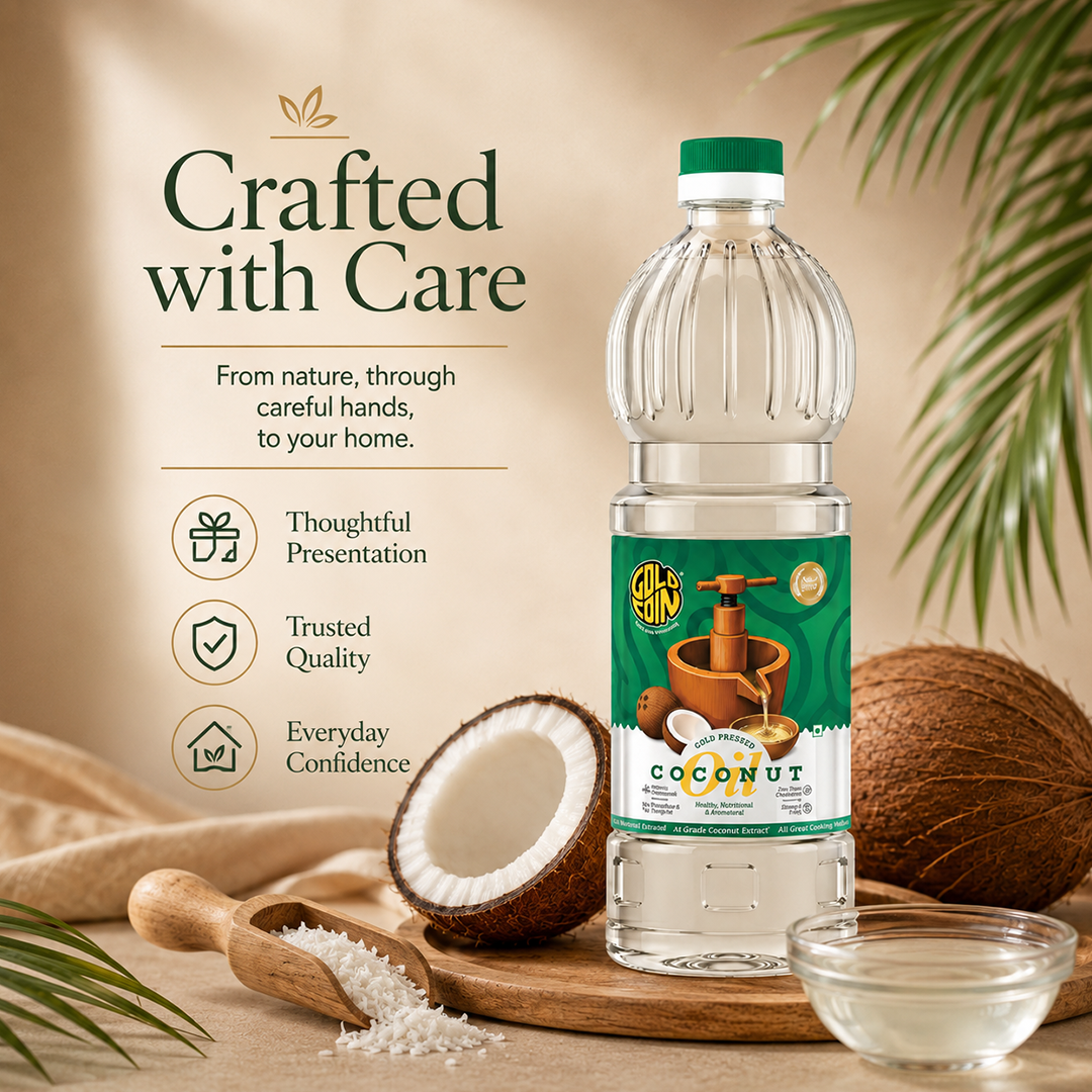 GOLD COIN cold pressed coconut oil for healthy Indian family cooking — pure natural trusted since 1990