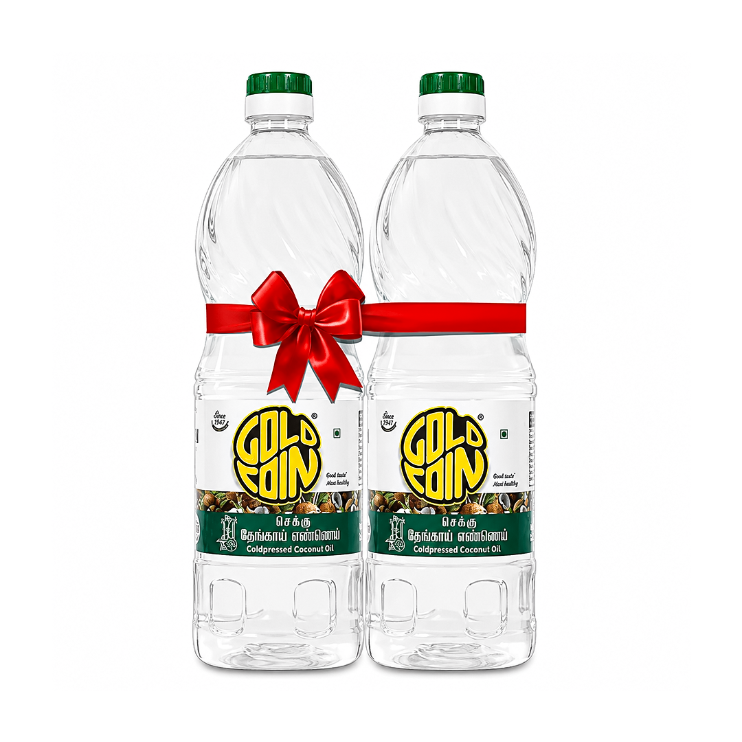 GOLD COIN Cold Pressed Coconut Oil 1 Litre Pack of 2 Extra Virgin Chekku Wood Pressed Pure Unrefined