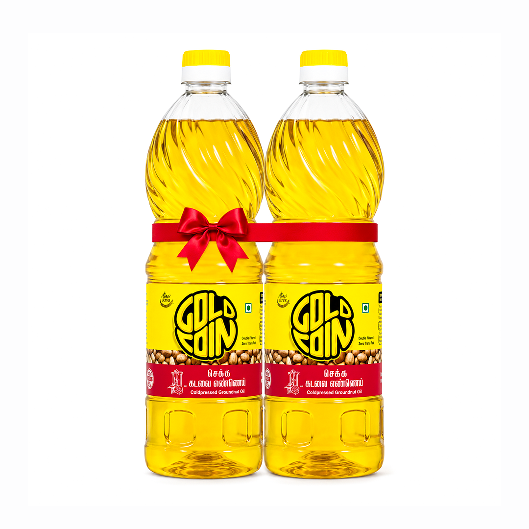 GOLD COIN Cold Pressed Groundnut Oil 1L Pack of 2 — Kachi Ghani Chekku Pure Peanut Oil