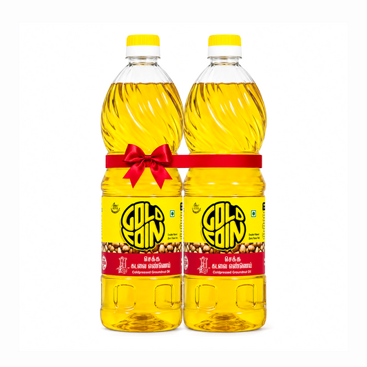 GOLD COIN Cold Pressed Groundnut Oil 1L Pack of 2 — Kachi Ghani Chekku Pure Peanut Oil