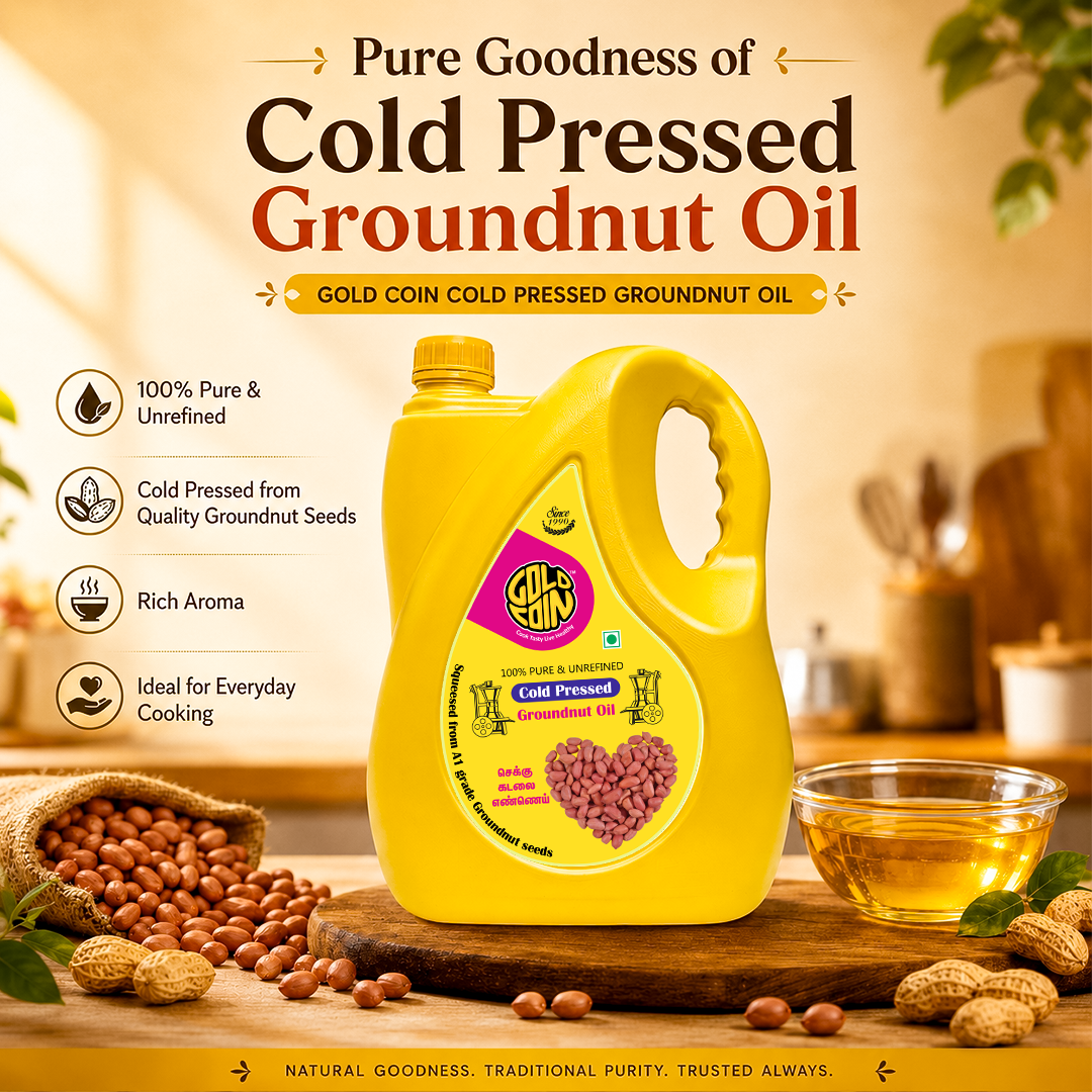 Indian family kitchen using GOLD COIN 5 litre cold pressed groundnut oil for healthy everyday traditional cooking