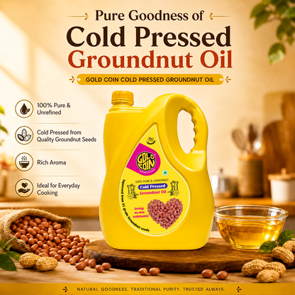 Indian family kitchen using GOLD COIN 5 litre cold pressed groundnut oil for healthy everyday traditional cooking
