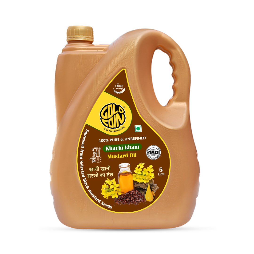 GOLD COIN Kacchi Ghani Wood Cold Pressed Mustard Oil 5 Litre — 100% Pure Unrefined Sarso Ka Tel