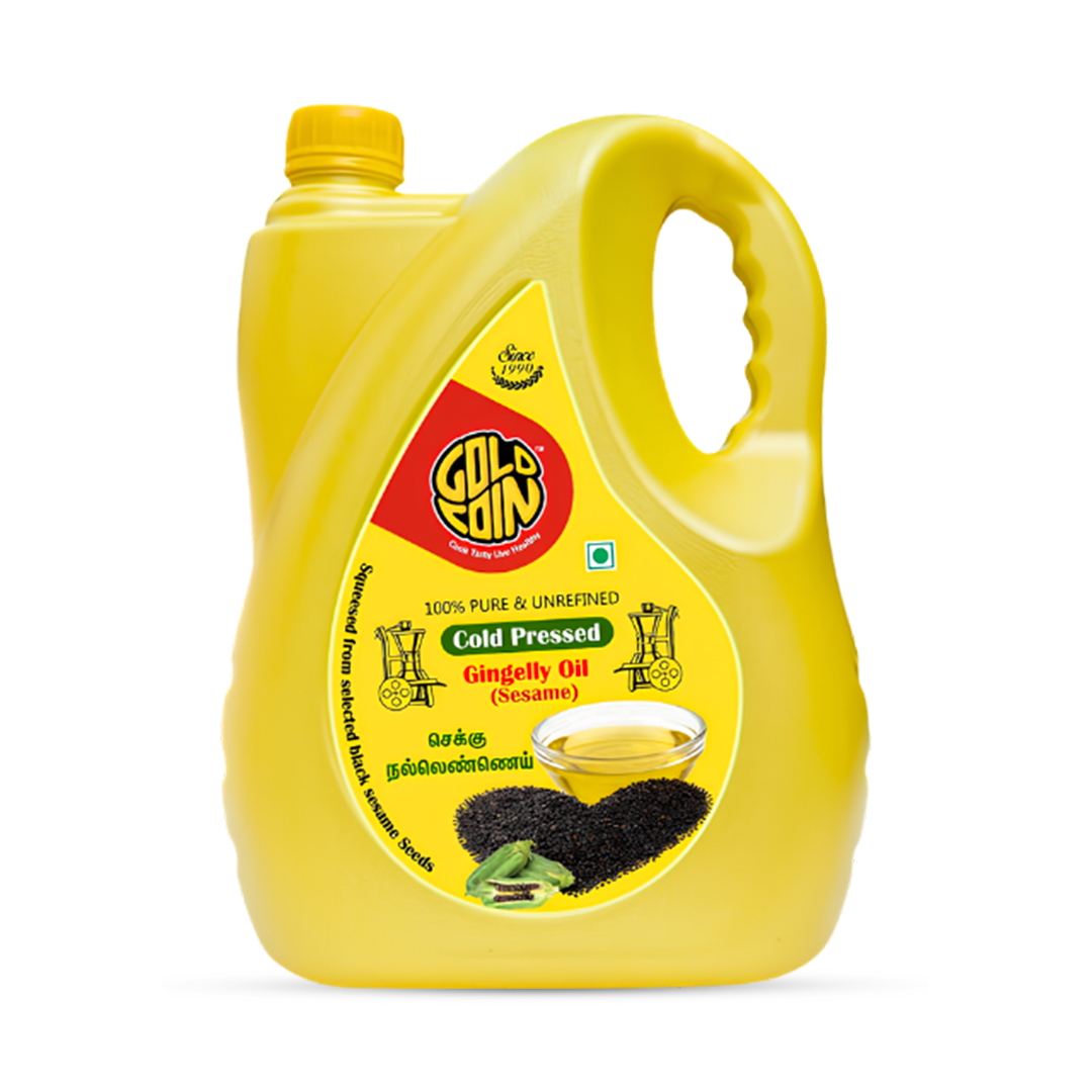 GOLD COIN Cold Pressed Sesame Oil 5 Litre yellow jerry can — 100% pure unrefined gingelly oil since 1990