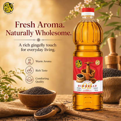 Gold Coin gingelly oil used for South Indian cooking, Ayurvedic hair massage, and skin nourishment — 3-in-1 use