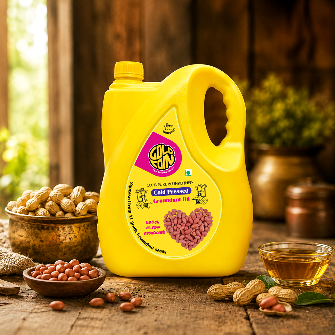 GOLD COIN groundnut oil health benefits — MUFA rich, Vitamin E, Omega-6, cholesterol free cold pressed peanut oil