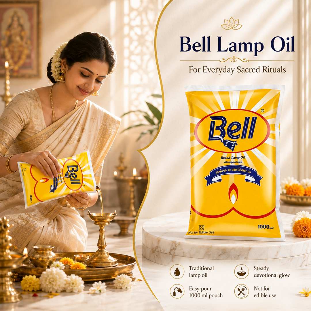 GOLD COIN Bell lamp oil 1 litre burning in a clay diya during evening pooja ritual — long-lasting flame buy online