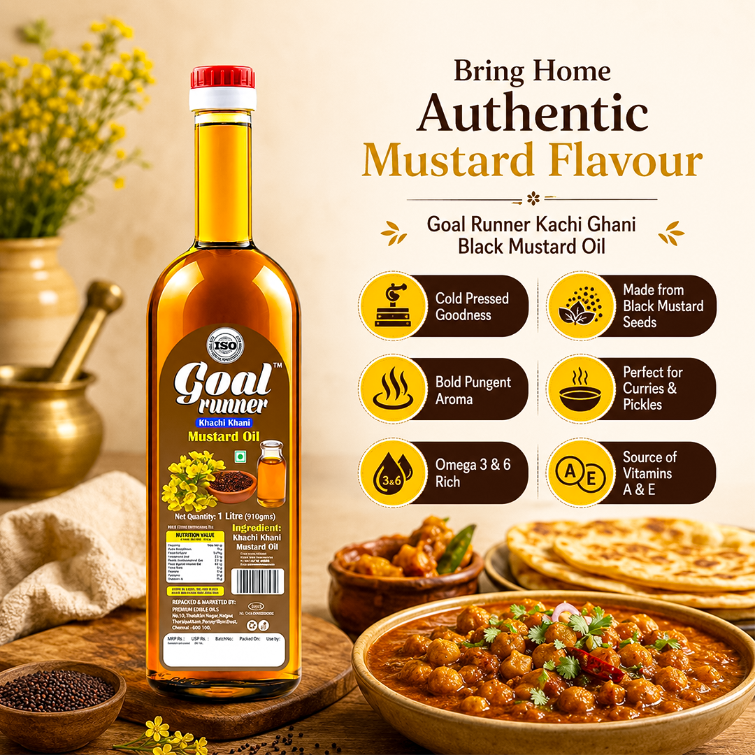 Khachi Khani cold pressed mustard oil poured into a kadai for authentic Indian curry cooking