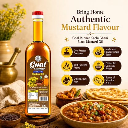 Khachi Khani cold pressed mustard oil poured into a kadai for authentic Indian curry cooking
