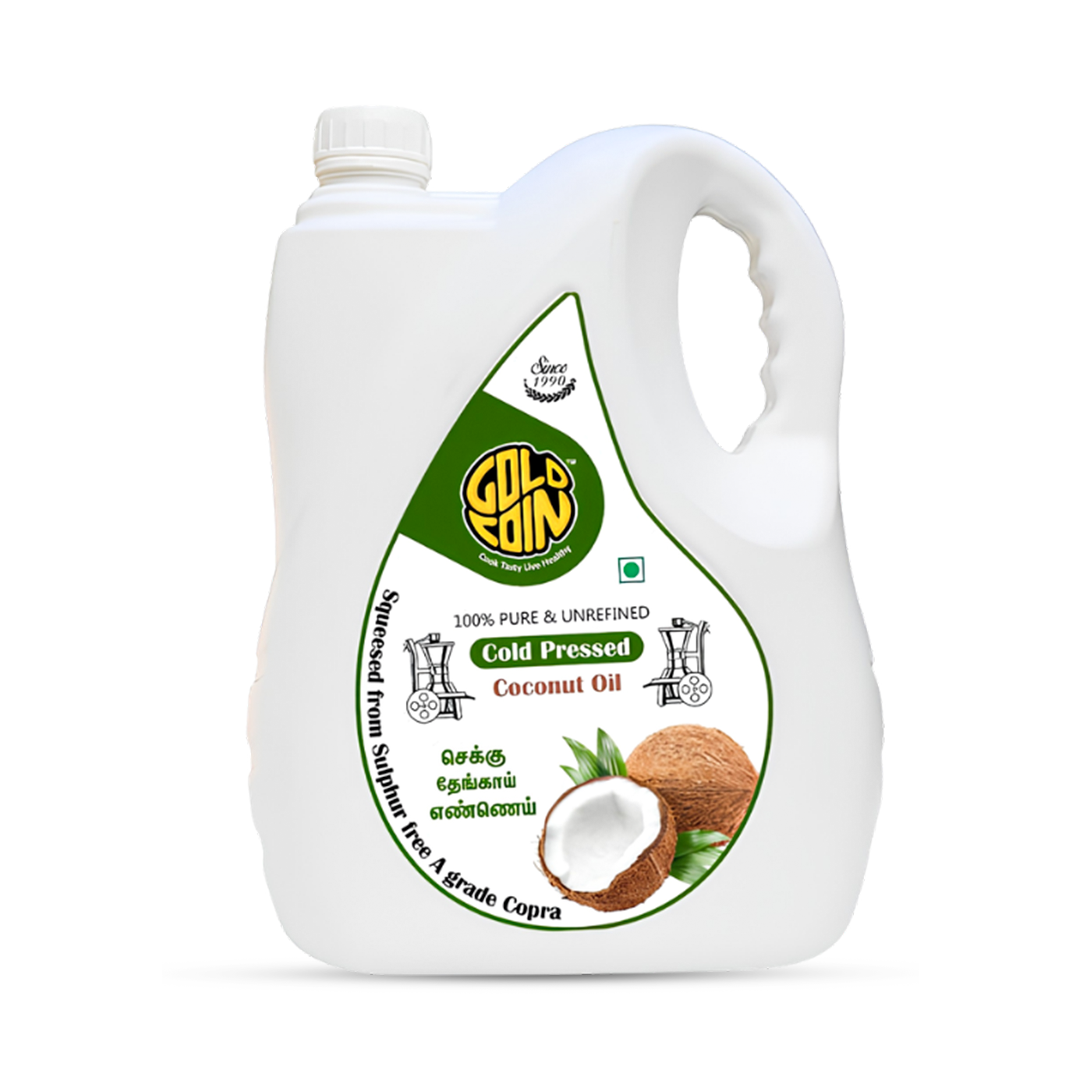 Gold Coin Cold Pressed Coconut Oil 5 Litre Sulphur Free A Grade Copra Kacchi Ghani