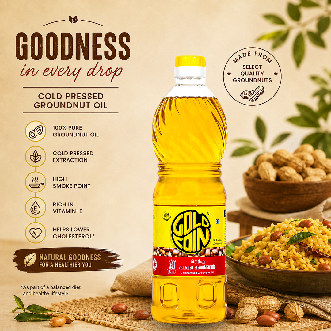 GOLD COIN cold pressed kachi ghani groundnut oil — available in 1 litre, 2L and 5L packs, pure wood pressed edible cooking oil