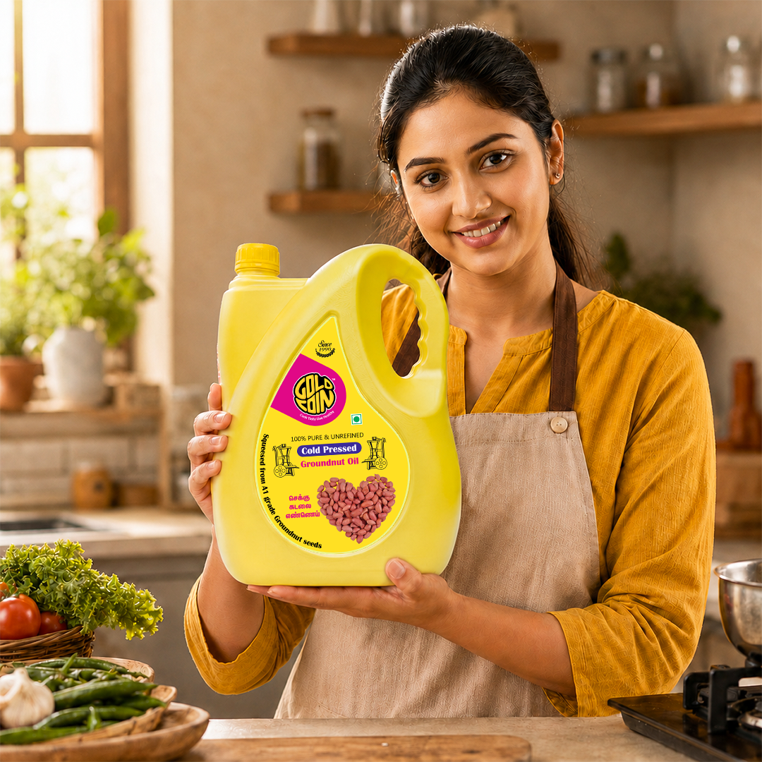 GOLD COIN cold pressed peanut oil used for deep frying pakoras puris tempering tadka Indian cooking high smoke point