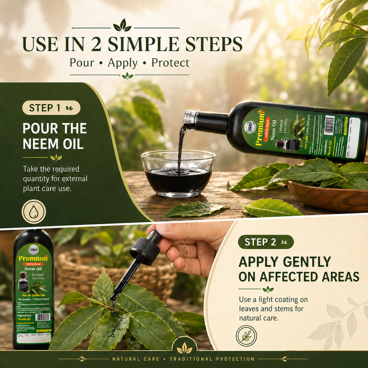 Neem oil bottle placed among healthy potted plants in a balcony terrace garden setting