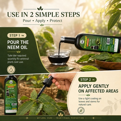 Neem oil bottle placed among healthy potted plants in a balcony terrace garden setting