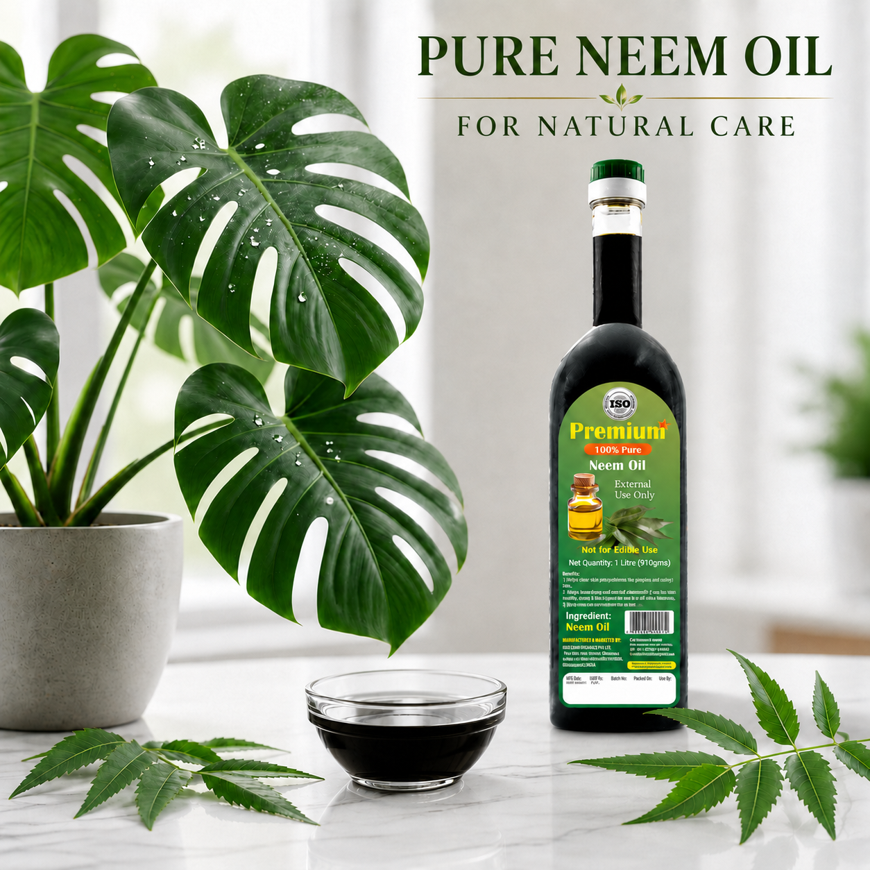 Applying diluted neem oil spray on garden plants for natural pest management