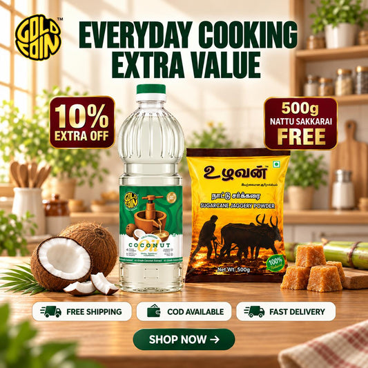 GOLD COIN Cold Pressed Coconut Oil 1 Litre | Wood Pressed Kacchi Ghani Chekku | 100% Pure Unrefined | No Chemicals | For Cooking, Hair & Skin Care