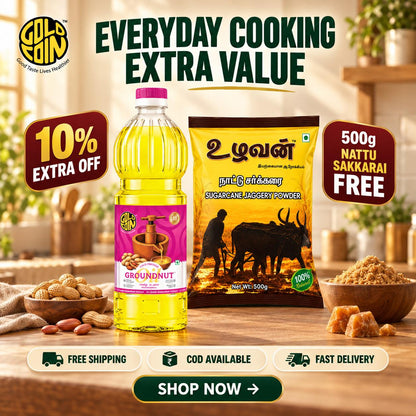 GOLD COIN Cold Pressed Groundnut Oil 1 Litre | Wood Chekku Kachi Ghani Peanut Oil | A1 Grade | Pure Unrefined | Natural Aroma | Daily Cooking & Frying