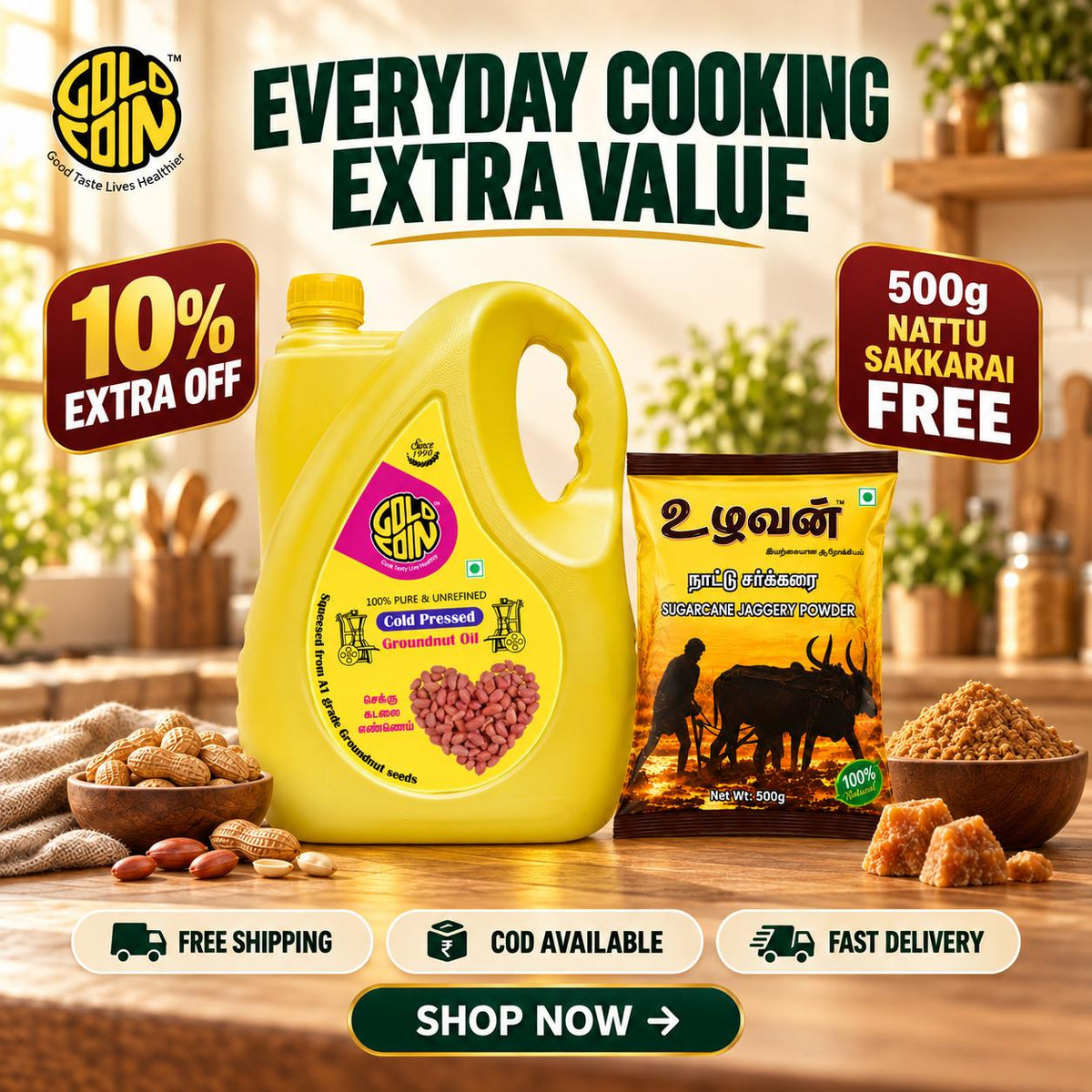 GOLD COIN Oils Cold Pressed Groundnut Oil 5L | Wood Pressed Peanut Cooking Oil (Chekku/Kachhi Ghani) Pure & Natural